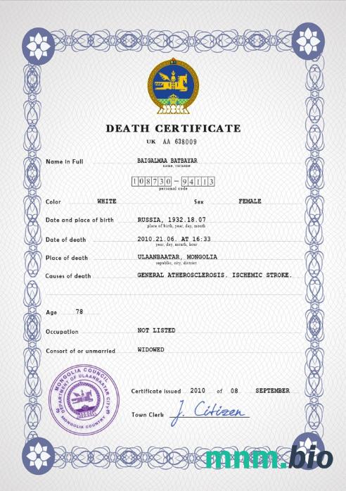Mongolia śmierć certyfikat PSD szablon